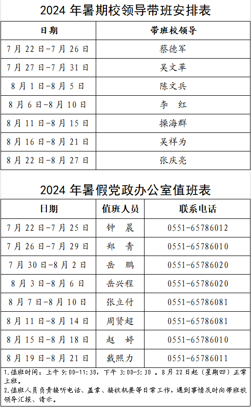 安徽农业大学党政办2024年暑期值班安排表